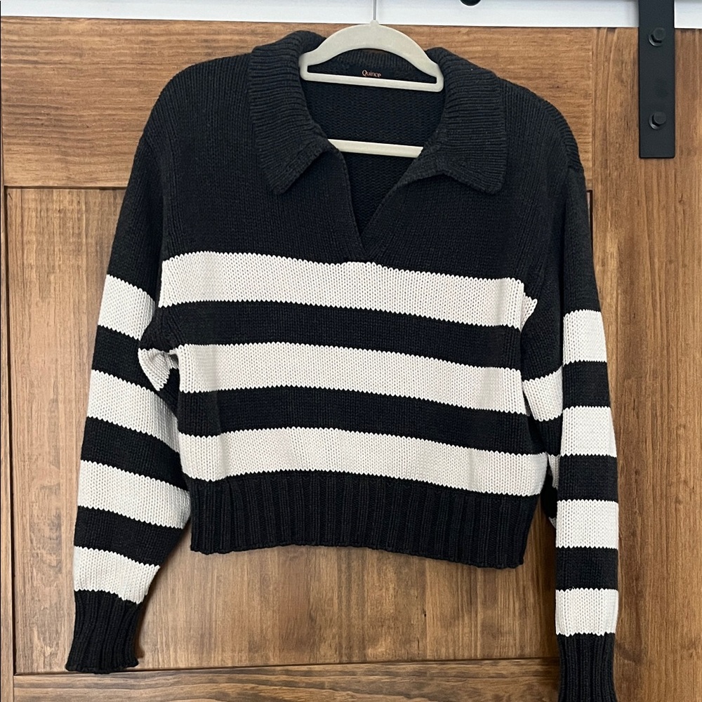 Quince Black and White Striped V-Neck Sweater